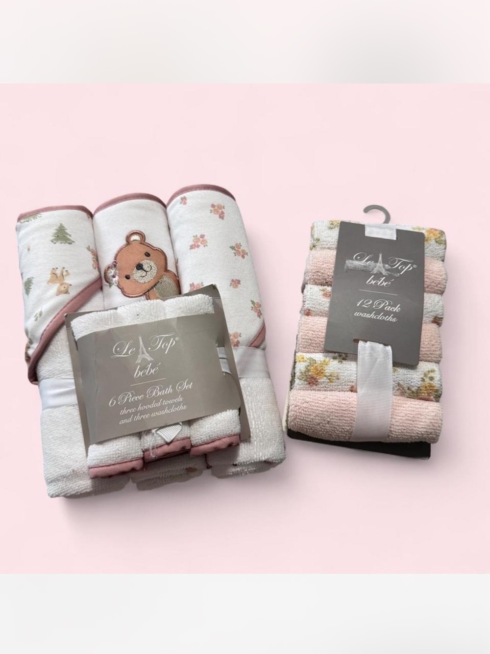Le Top Baby Pink Floral & Bear Hooded Towel Set with Matching Washcloths